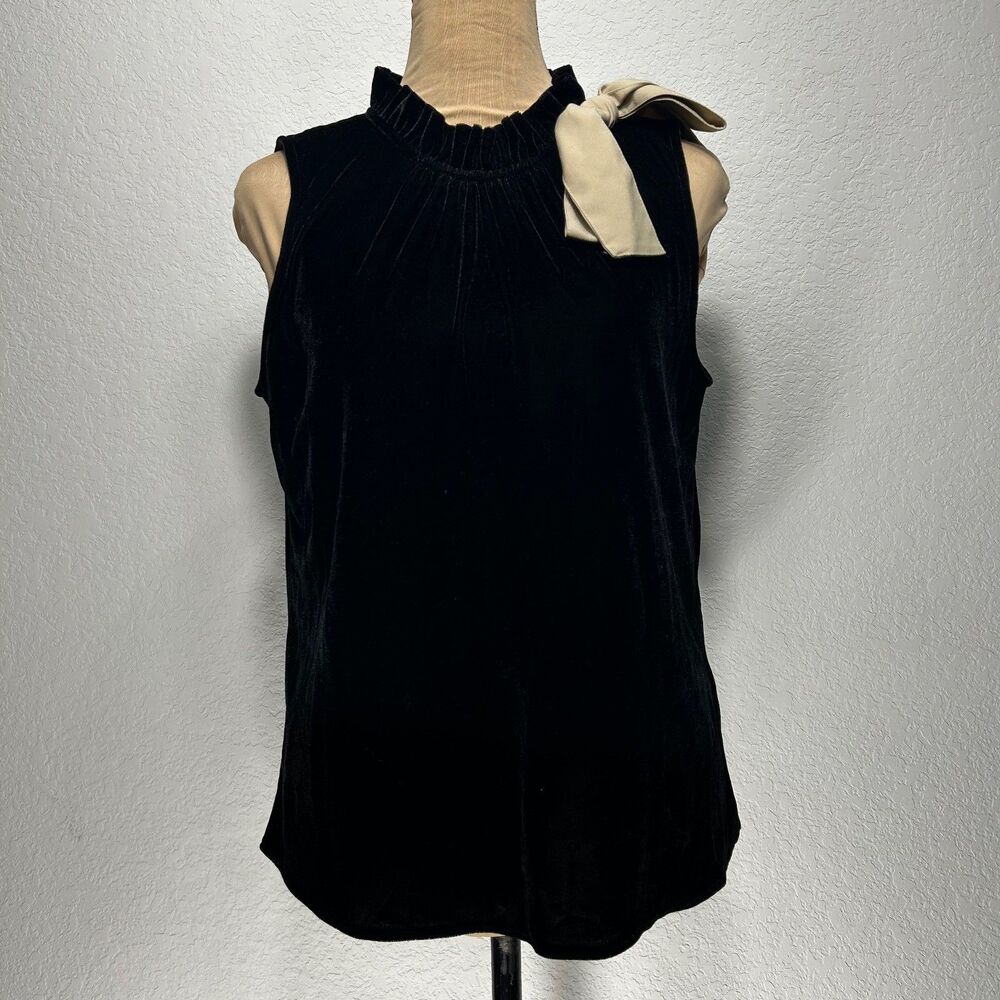J.Crew Velvet Top Womens S Black Sleeveless Mock Neck Ruffled Shoulder Bow Blous
